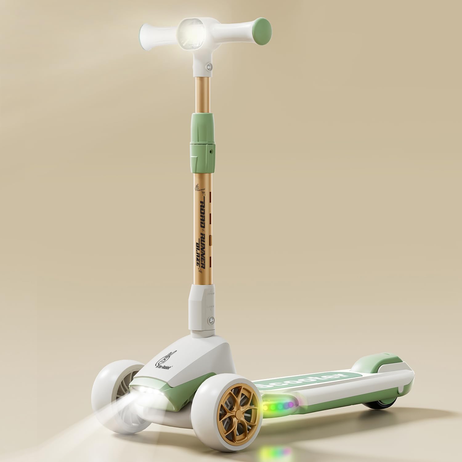 "R for Rabbit Road Runner Blaze Scooter, grey, foldable, LED, music, 4-level adjustable. Usmile Toys." www.usmile.toys
